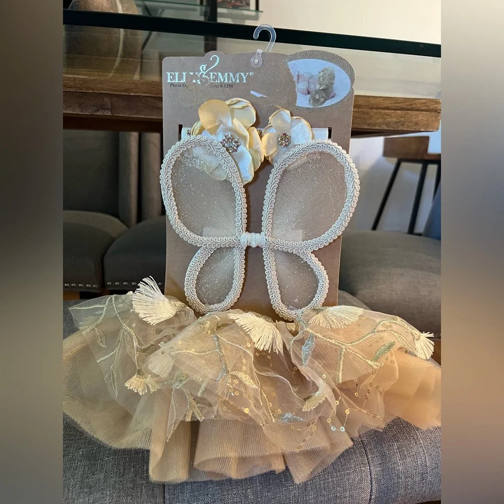 Elegant Butterfly gold lace headband tutu wings Set
